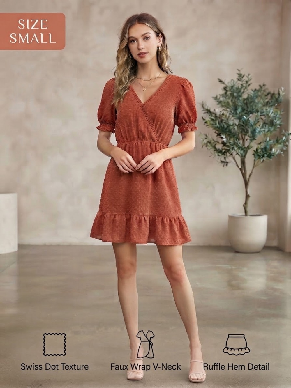 Sweet Wanderer Rust Swiss Dot Faux Wrap Mini Dress - Small